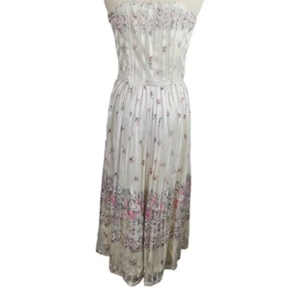 Vintage 50s Strapless Fit & Flare Chiffon Stripe Midi Dress S? 4? Ivory Pink - Picture 3 of 12
